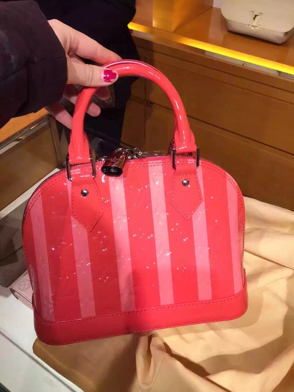 Real Louis Vuitton Monogram Vernis Alma BB Bag M90968 Poppy